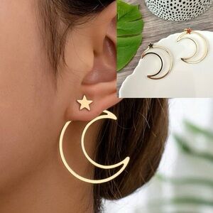2/$30🌵 Gold Outline Crescent Moon & Star Earrings Celestial Boho Jewelry NEW